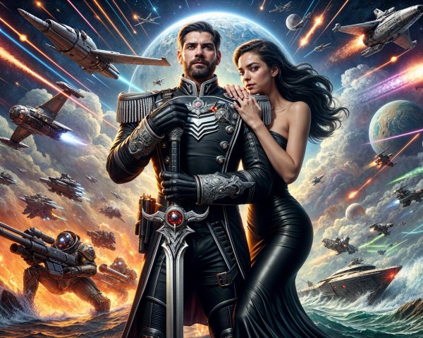 Dramatic Sci-Fi Scene with Uniformed Man and Woman