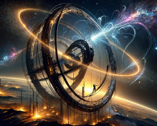 Futuristic Dyson Sphere in Cosmic Scene with Planetary Eruptions