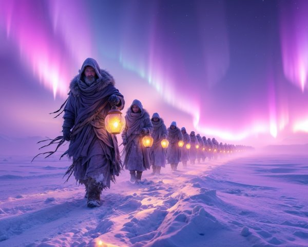 Cloaked Figures with Lanterns in Snowy Landscape