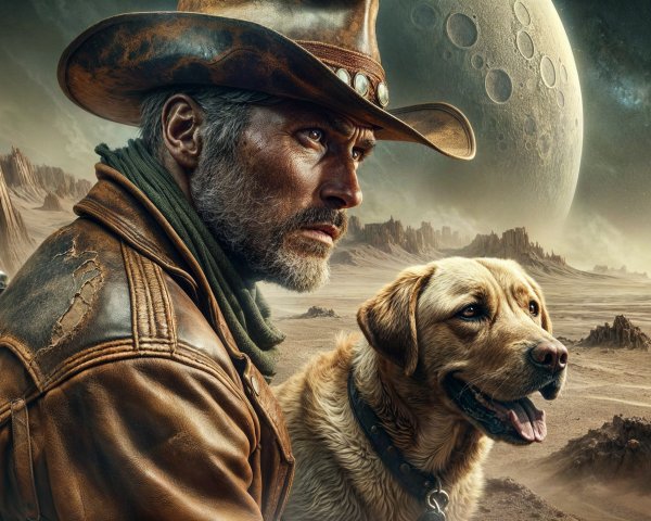 Cowboy and Dog in Extraterrestrial Landscape Adventure