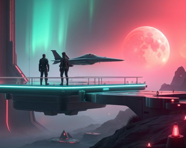 Futuristic Sci-Fi Landscape with Figures and Jet