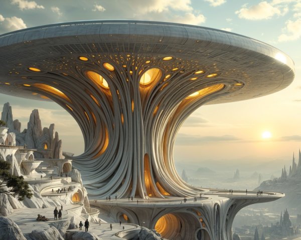 Futuristic mushroom-shaped architecture in mountain landscape