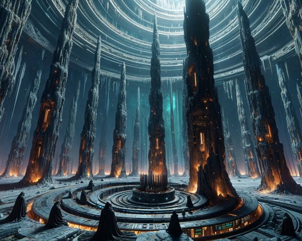 Futuristic cavern with crystalline structures and glowing lights