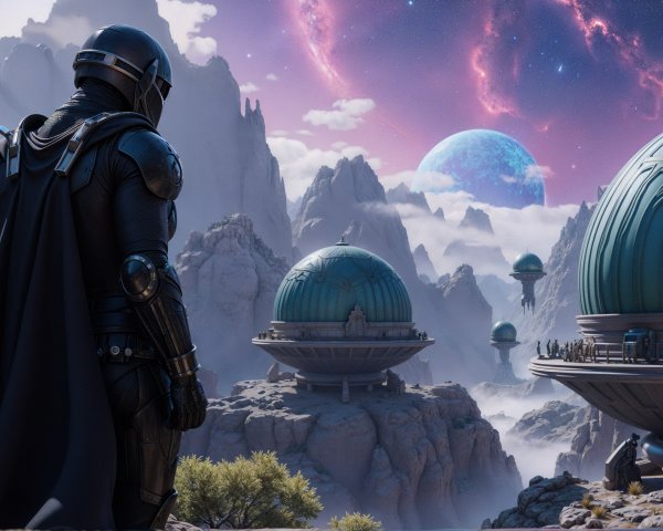 Cloaked Figure Overlooking Futuristic Landscape and Nebulas