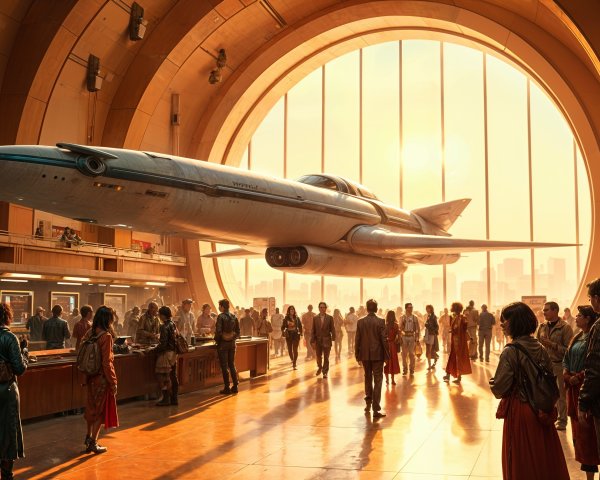Futuristic terminal with spacecraft and diverse travelers