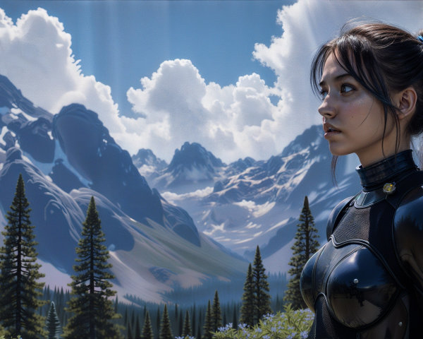 Young woman in reflective suit in mountainous landscape