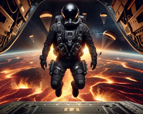 Astronaut in High-Tech Suit Over Molten Landscape
