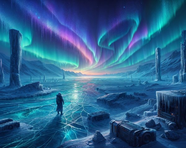 Frozen Landscape with Vibrant Auroras and Ice Formations