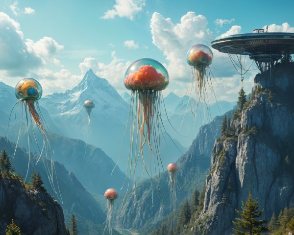 Surreal Landscape with Jellyfish Creatures and UFO