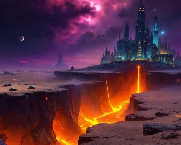 Dramatic Landscape with Fiery Chasm and Futuristic Castle