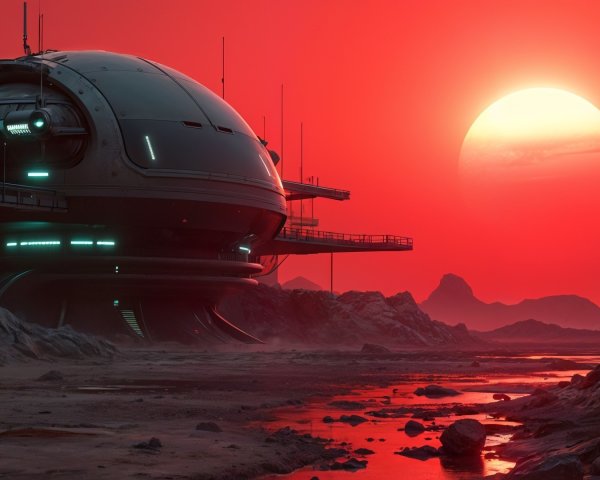 Futuristic spaceship on rocky landscape under red sky