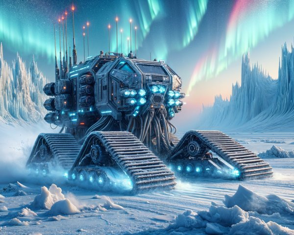 Futuristic Ice Vehicle in Snowy Aurora Landscape