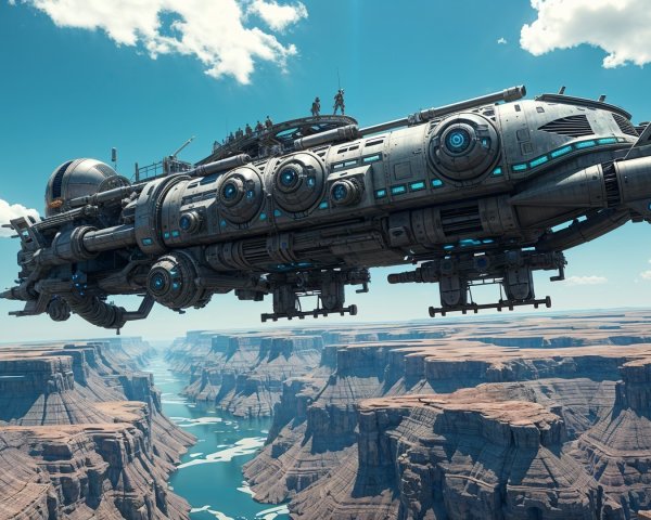Futuristic Spaceship Over Canyon with River Below