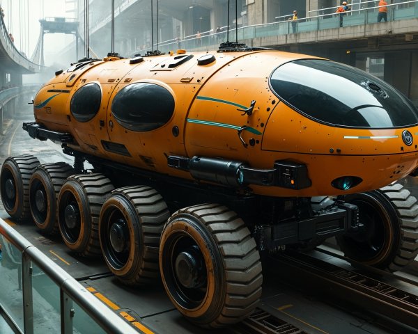 Futuristic Orange Exploration Vehicle in Industrial Facility