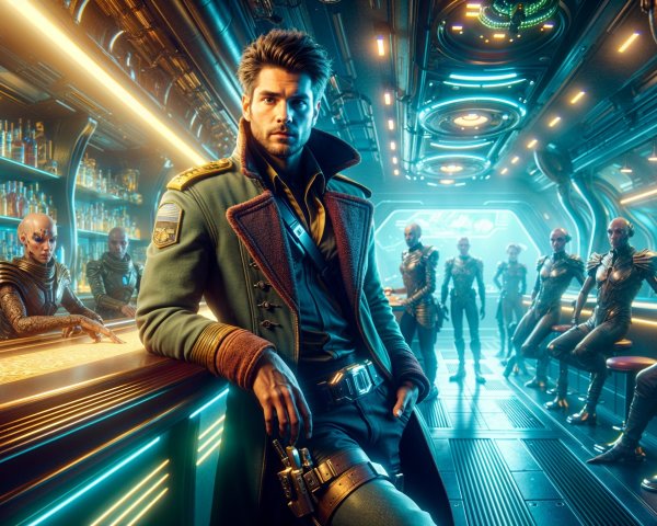 Futuristic Bar Scene with Alien Patrons and Neon Lights