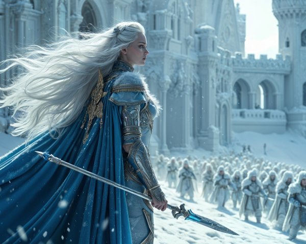 Regal figure in snowy landscape with armored warriors