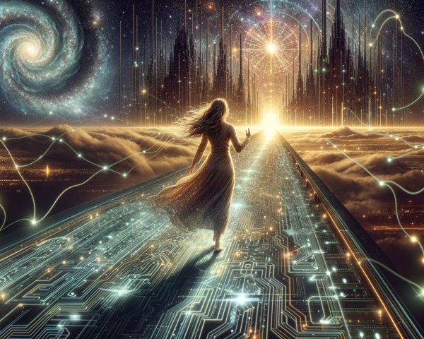 Young woman on luminous pathway in celestial landscape