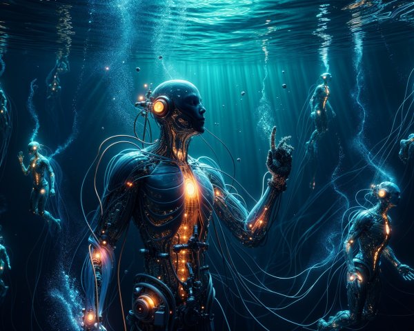 Surreal Underwater Scene with Humanoid Robots