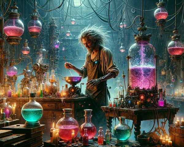 Alchemist's Laboratory with Glowing Potions and Artifacts