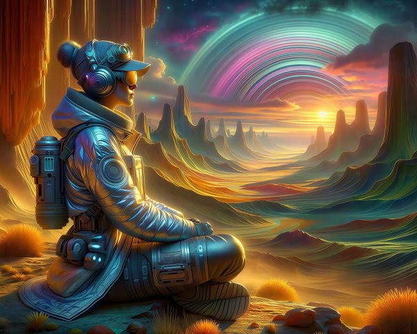 Person in metallic astronaut suit on rocky landscape