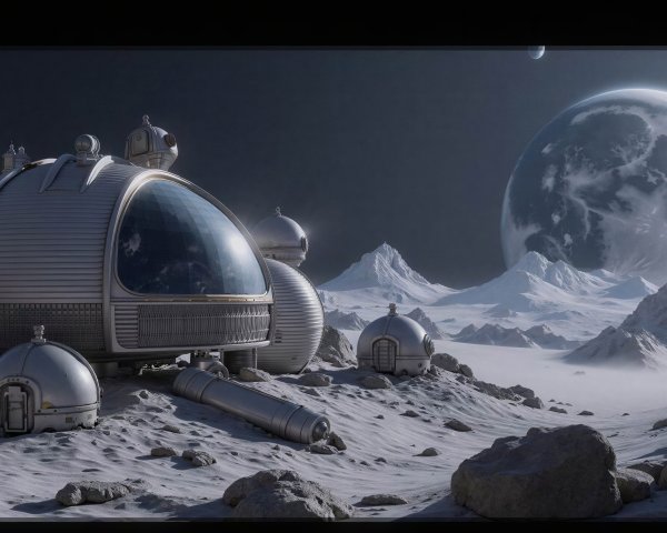Futuristic Moon Base at Dawn with Giant Moon View