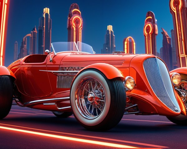 Vintage Hot Rod in Futuristic Cityscape with Neon Lights