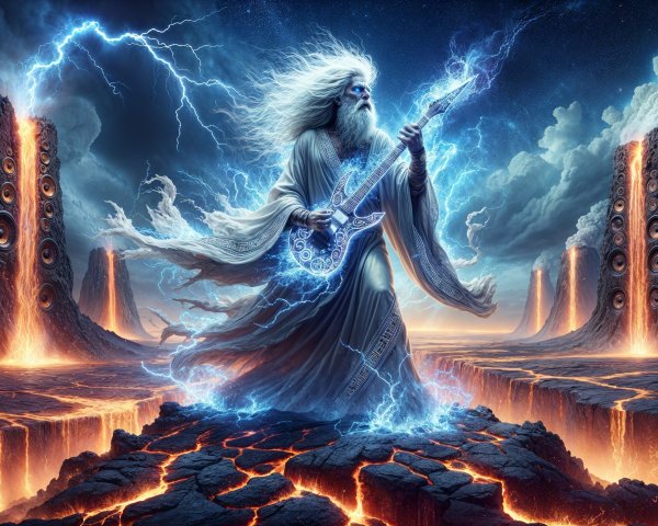 Majestic figure with electric guitar in volcanic landscape
