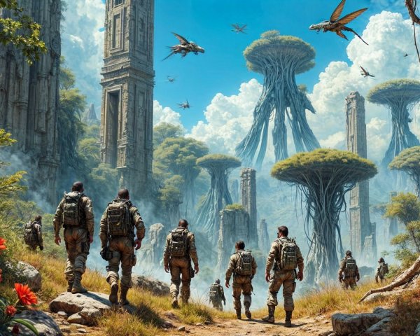 Soldiers in Tactical Gear Navigate Lush Fantasy Landscape