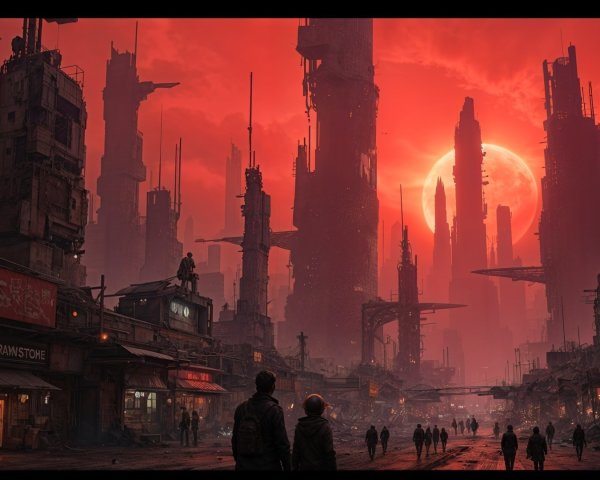 Dystopian Cityscape with Ruined Skyscrapers and Shadows