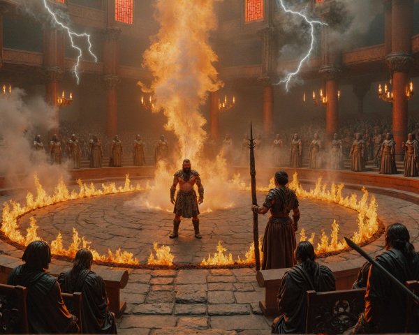 Warrior in Ancient Arena Surrounded by Flames and Lightning