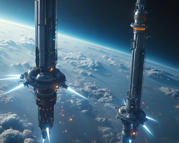 Futuristic Space Scene with High-Tech Towers and Earth
