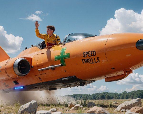 Futuristic orange jet ascending from rocky terrain
