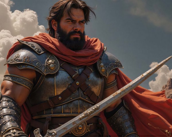 Bearded Man in Armor with Sword and Ancient City Background