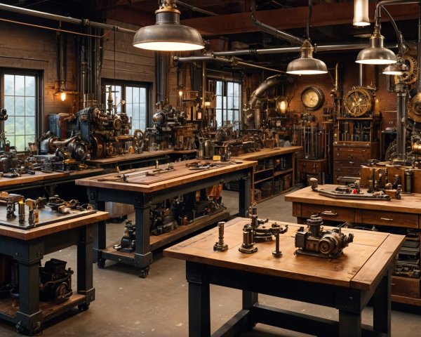Vintage Workshop with Machinery and Industrial Decor