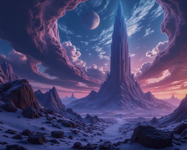 Fantastical sunset landscape with monolithic structure