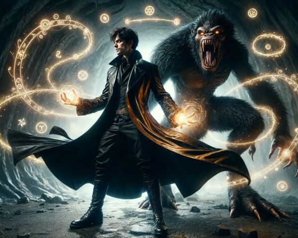 Dark Fantasy Scene with Mystical Symbols and Creature
