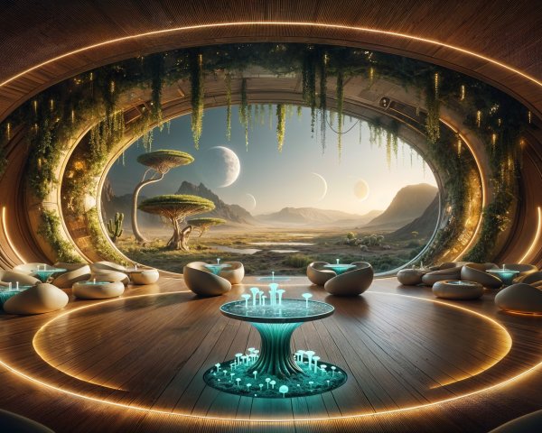 Futuristic lounge with alien landscape and organic design