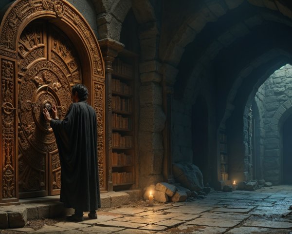 Ancient Library with Cloaked Figure and Carved Door