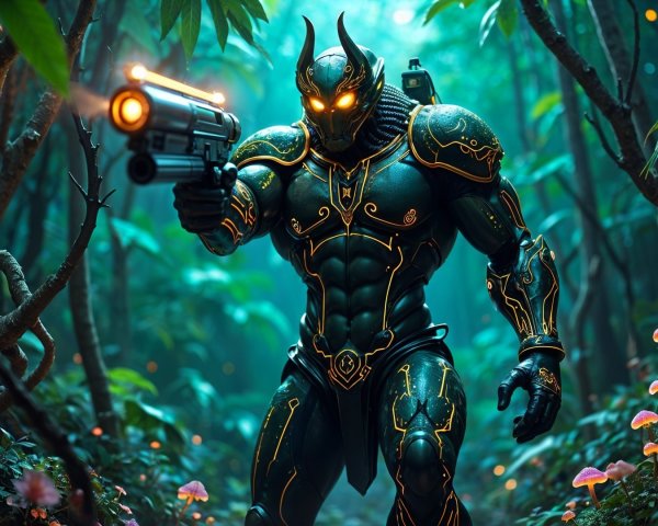 Futuristic Warrior in Vibrant Jungle with Gun