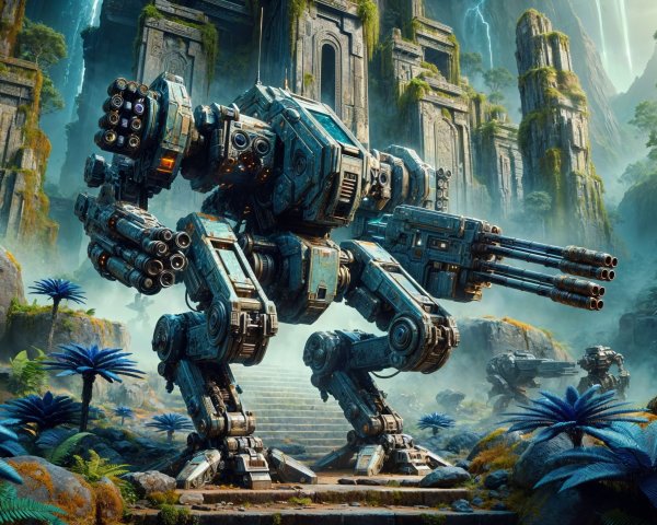Colossal mech in ancient jungle with moss-covered ruins