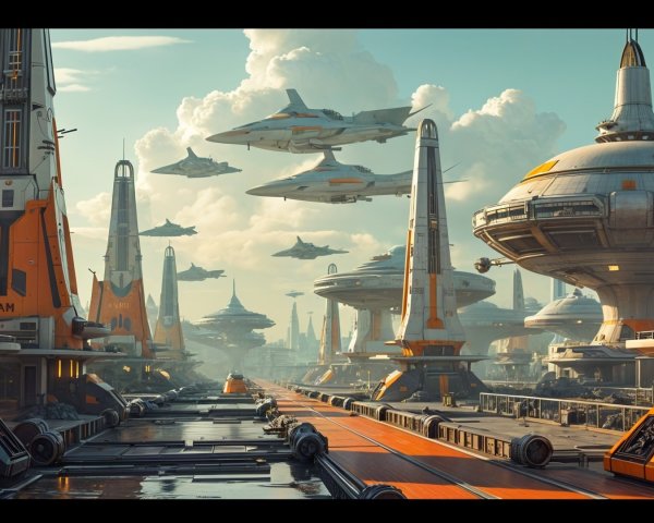 Futuristic cityscape with sleek towers and hovercraft