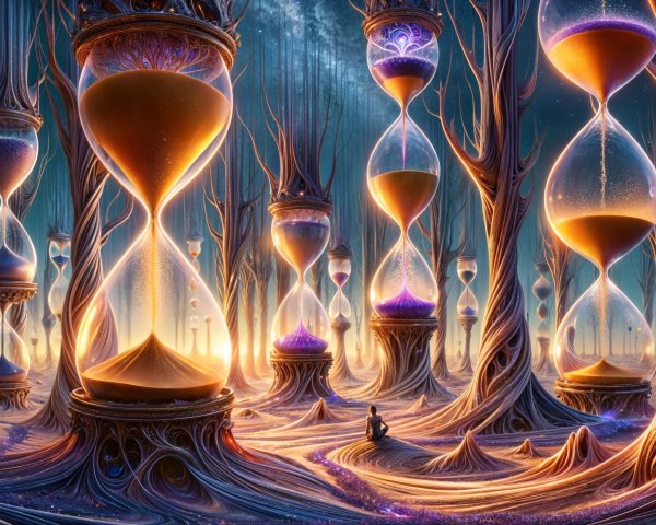 Surreal landscape with hourglasses and ethereal trees