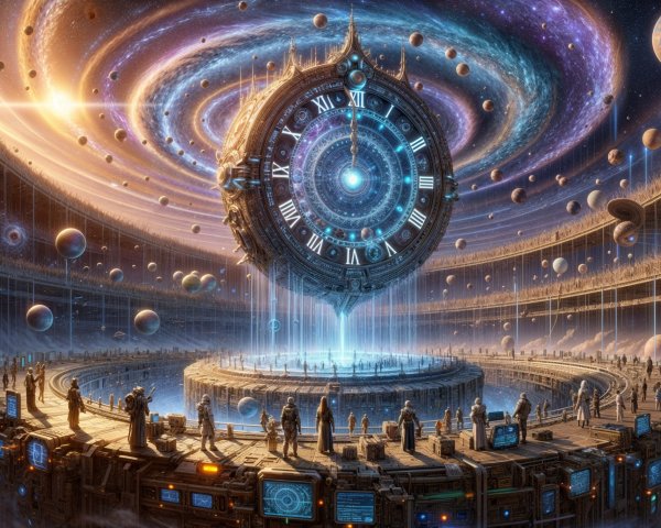 Cosmic Scene with Intricate Clock and Colorful Galaxy