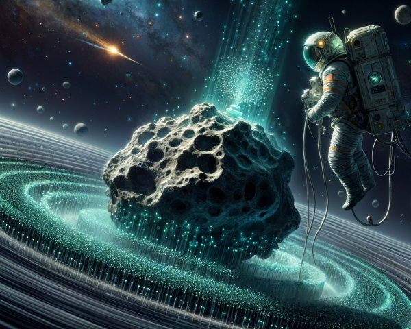 Astronaut Near Textured Asteroid in Cosmic Space Scene