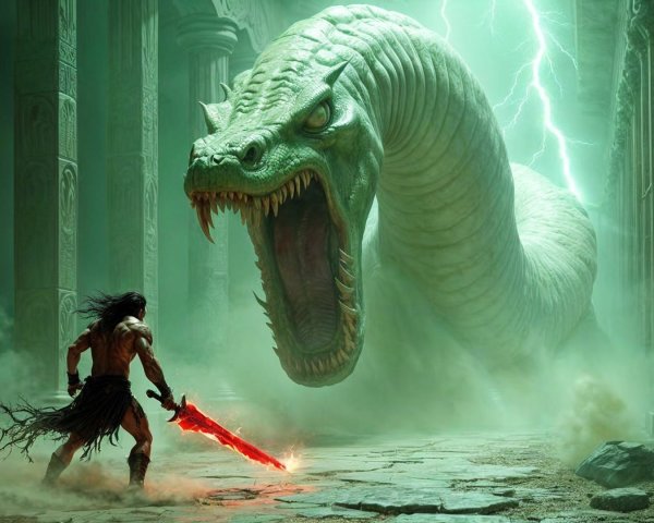 Warrior with Red Sword Faces Colossal Serpent in Temple