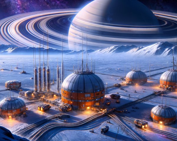 Futuristic Settlement on Snowy Terrain with Saturn View