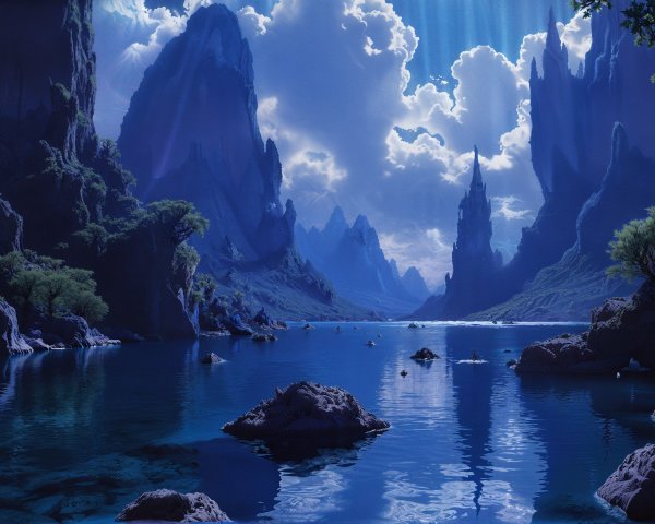 Tranquil Lake Surrounded by Rocky Formations and Mountains