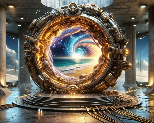 Futuristic Portal with Beach Scene and Advanced Machinery