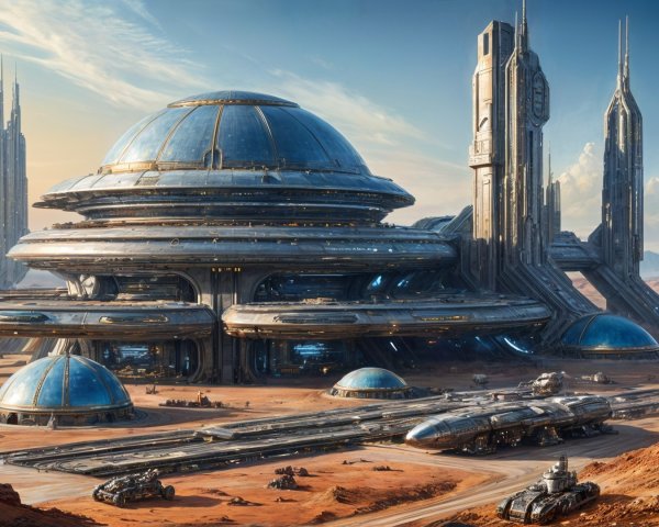 Futuristic Cityscape with Dome Structure and Spires
