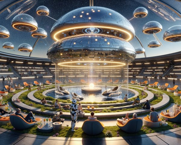 Futuristic Dome Structure with Hovering Orbs and Fountain